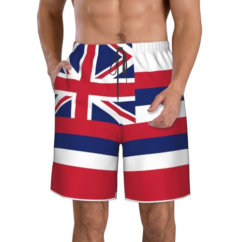 WURTON Hawaii Flag Print Mens Swim Trunks Quick Dry Bathing Suits Summer Holiday Beach Board Shorts Pockets