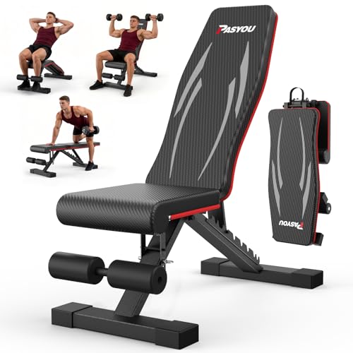 PASYOU Banco de Pesas Plegable, Carga 300kg, Banco de Fitness Ajustable Multifunción para Entrenamiento Cuerpo Completo, Banco Gimnasio con Asas para Casa y Gimnasio (PA350)