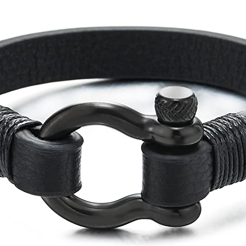 Coolsteelandbeyond Mens Womens Black Steel Screw Anchor Shackles Wrap Bracelet Black Leather, Nautical Sailor Wristband #TOP1