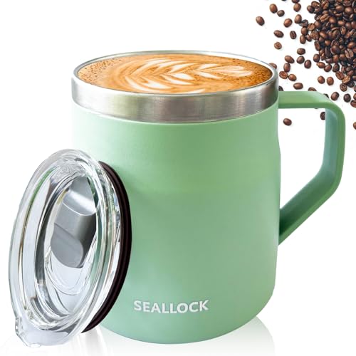 Luoqun88 Coffee Cup, Thermal Insulated Stainless Steel Travel Cup, Travel Mug with Lid & Handle, Thermal Mug- Keeps Cold/Hot for Hours, Reusable Coffee Cup Ideal Present for His Hers (Light Green)