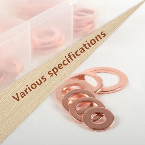 Image of 200 PCS Car Flat Crushed Copper Gasket Classification Kit, M5 M6 M8 M10 M12 M14 9 Specifications Copper Metric Washers, Oil Pan Plug Sealing Gaskets, Universal Accessories for Most Car (Gold)