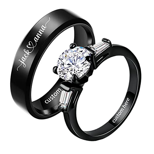 Personalized Matching Rings for Couples Set with 2 Rings Couple Rings Custom Promise Rings for Him and Her His and Hers Wedding Rings Sets Black Heart Rings for Men Women
