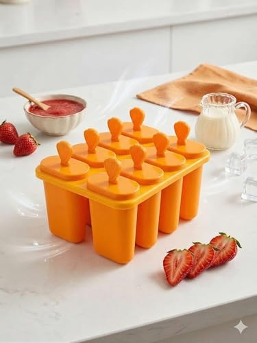 Image of BPA Free Ice Lolly and Kulfi Maker Set of 8 Reusable Popsicle Moulds Food Grade Plastic Ice Cream Popsicle Maker for Home Kitchen Multicolor (Orange)