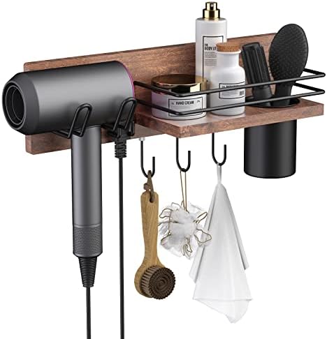 Wooden Hair Dryer Holder Wall Mounted, Bathroom Hair Tool Organizer, Blow Dryer Holder Shelf, Curling Iron and Hair Styling Tools Organizer, Bathroom Hair Care Accessories Storage Rack