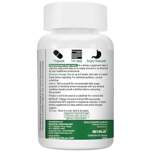 Image of Nutrija Tribulus Terrestris Extract 500mg | 60 Capsules | standardized to 40% Saponins | Supports Natural Testosterone, Muscle Growth & Repair