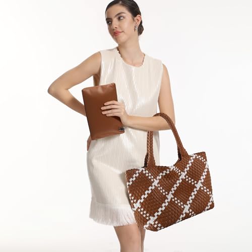Image of Woven Tote Bag Womens Purse Vegan Leather Shoulder Handbags Fashion Summer Beach Tote Bags Large Travel Totes