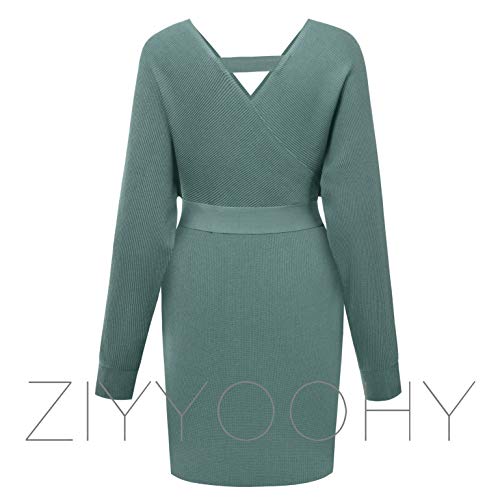 Ziyyoohy Elegante trui-jurk voor dames, tuniek, jurk met V-hals en lange mouwen, mini-jurk met riem - Image 7
