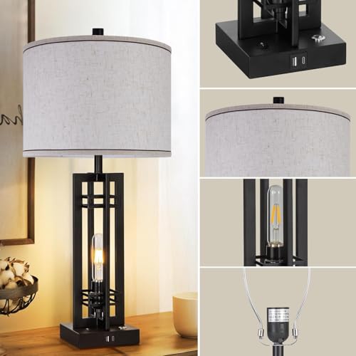 Vikdio Farmhouse Table Lamps Set of 2-27\" Tall Living Room Lamps with USB-C/USB-A Charge Ports & Outlet, 3-Way Dimmable Fabric Cream Shade Rustic Nightstand Lamps for Bedroom & Living Room - Thumbnail 5
