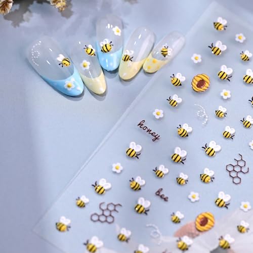 Image of Bee Nail Stickers Flower Nail Decals with Honeycomb Design 5D Embossed Self Adhesive Nails Charms Supply for Women DIY Manicure Decoration