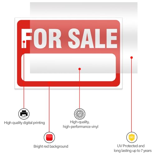 Image of 4 Pack Reflective For Sale Sign Stickers, 12 inch x 8 inch Weatherproof Vinyl Decals, UV & Fade Resistant Self-Adhesive Stickers for Car Windows, Doors, Business & Real Estate (Red & White)