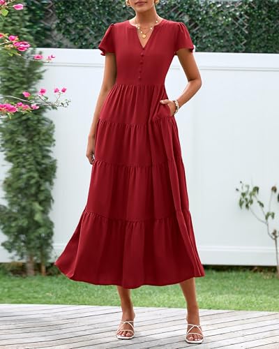 Image of PRETTYGARDEN Women Summer Midi Dresses 2025 Casual Short Sleeve V Neck Belted Tiered Ruffle Vacation Dress with Pockets