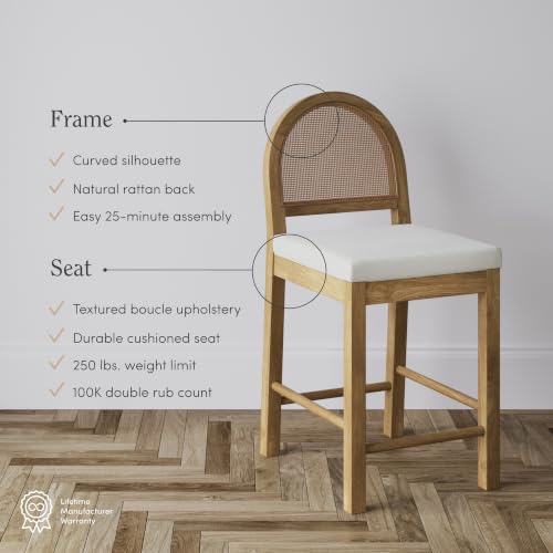 Image of Nathan James Bailey Boucle Upholstered Rattan Bar Stool, Counter Height Stool with Natural Rattan Woven Back For Kitchen Island, Light Brown, Set of 4