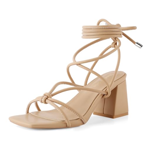 Image of Shoe'N Tale Lace Up Heels for Women Ankle Strappy Gladiator High Heeled Sandals Chunky Block Heel Square Open Toe Criss Cross Dress Shoes