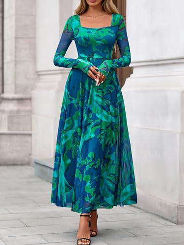 BTFBM Women Maxi Dress Fall 2025 Fashion Elegant Long Sleeve Square Neck Floral Print Party Club Wedding Guest Dresses