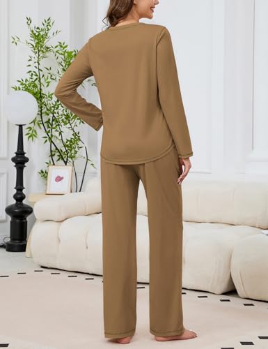 Image of KCW Womens Pajamas Sets 100% Cotton 2 Piece Lounge Set Long Sleeve Tops and Pants Soft Pjs Sleepwear with Pockets