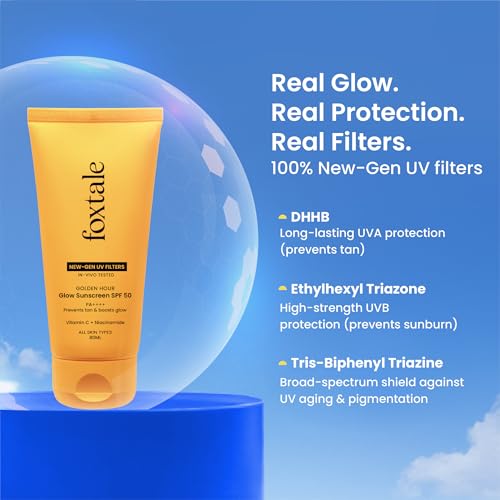 Image of Foxtale Glow Sunscreen SPF 50 PA++++ with Vitamin C & Niacinamide, In-Vivo Tested, Sensitive-Skin Friendly, Made with 100% New-Gen Filters, Lightweight, Non-Greasy, No White Cast |For Men & Women| All Skin Type | 80 Ml