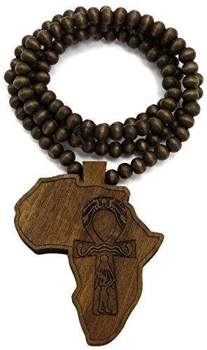 GWOOD Africa with Ankh Wood Pendant with 36 Inch Long Beaded Necklace