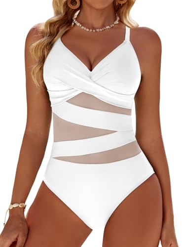 Dridreo One Piece Swimsuits for Women 2026 Cute Bathing Suits Tummy Control Swimwear White L