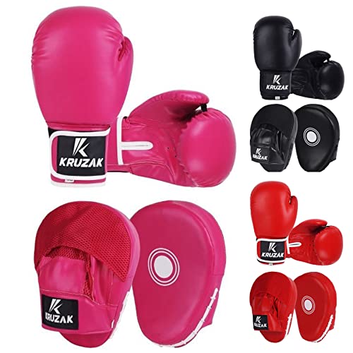 Kruzak Plain Focus Mitts And Boxing Gloves Set For Kickboxing And Muay Thai Mma Training - Fitness Kit With Punching Pads For Martial Arts And Karate - Pink - 8Oz #TOP24