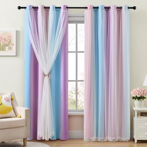 Image of XiDi 100% Blackout Curtains with Sheer Overlay 84 Inches Long 2 Panels for Girls Bedroom Living Room Rainbow Pink Purple Blue Double Layer Curtains for Kids Nursery Unicorn Princess Grommet W52 x L84