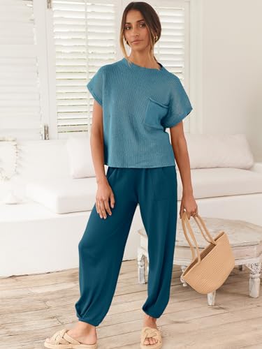 Image of ANRABESS Women's Two Piece Outfits Sweater Sets Knit Pullover Tops and High Waisted Pants Tracksuit Lounge Sets