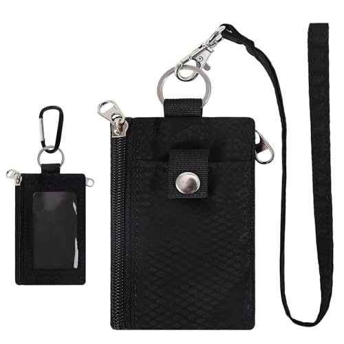Image of MASAPHlL Small Lanyard Wallet for Women /Men with RFID Blocking ID Card Wallet, Minimalist Nylon Zipper Pouch, Travel Neck Wallet with Keychain, ID Window for Card,Coin,Cash (Black)