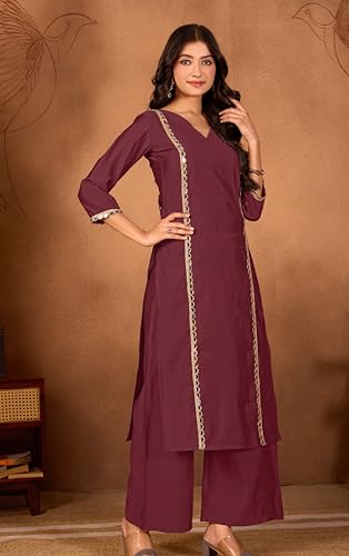 Image of Women Straight-Cut Kurta Pant Set with Subtle Golden Lace Embellishment | Elegant Ethnic Wear for Festive, Office & Casual Use