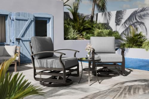 Image of 3 Piece Outdoor Patio Furniture Set, Aluminum Meta Swivel Rockerl Chairs, Overstuffed Washable Cushions Bistro Set for Porch, Balcony, Deck, Garden Grey
