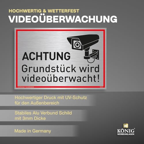 Großes Schild Achtung Grundstück wird videoüberwacht! | Alu 42 x 30 cm | stabiles Alu Schild mit UV-Schutz | silber gebürstet edle Optik | Videoüberwachung Kameraüberwachung Kameraüberwacht | Dreifke®
