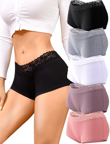 FINETOO Cotton Underwear for Women Boy Shorts Lace Boxer Briefs Soft Full Coverage Womens Panties 5 Pack S-XXL Pink
