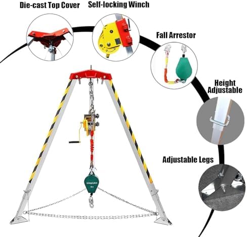 Confined Space Fall Arrest Kit with Tripod - Emergency Rescue System for Tunnels & Sewers, 1200 lbs Winch, Safety Anti-Dropping Device for Reliable Operations