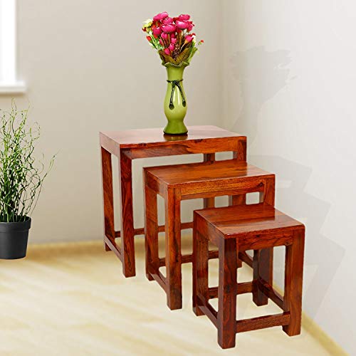 Image of Brown Finish Sheesham Wood Nesting Bedside End Tables-Set of 3