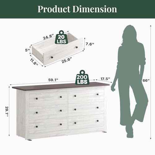 Image of 59 inch Wide Wood TV Stand with 6 Drawers & Metal Handles, Modern Media Console Storage Cabinet for Living Room, Bedroom, Entryway & Home Office, White