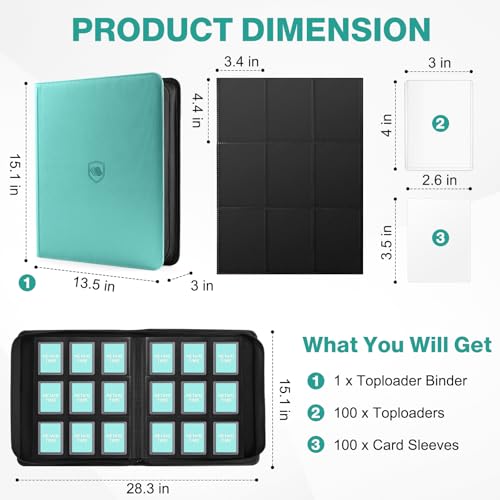 Image of Top Loader Binder 9 Pocket, Holds 360 Toploaders, 100 Toploaders INCLUDED | Toploader Binder for 3 inch x 4 inch Rigid Toploaders, Trading Card Binder for TCG, MTG, Sport Cards, PU Leather Cover, Side Loading