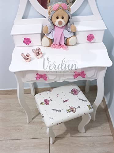 Penteadeira Infantil 4 gavetas Branca MDF Banco Espelho Completa - Pink/Bailarina