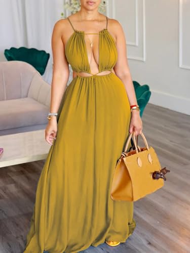 Image of Unybwonn Womens Summer Dress Spaghetti Strap Halter Sleeveless Sexy Cutout Boho Maxi Sundress Beach Vacation Dresses