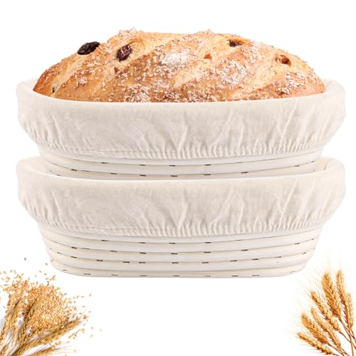 GBACHOOSE 2 cestas de fermentación ovaladas, cestas de fermentación con forro de lino, diámetro de 25 cm, accesorio para panadería, molde de fermentación para pan y masa de pan