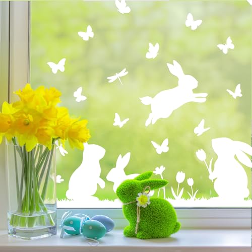 COMOOKA 6 Blatt Fensterbilder Ostern Hasen Fenstersticker Selbstklebend Osterdeko Fenster Schmetterlinge Frühling Kaninchen Ostern Deko Fensterdeko