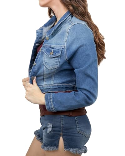 Juicy Trendz Women's Short Denim Jacket Lightweight Long sleeve, Button Down, Stretch Fabric, Cropped Jean Jacket4