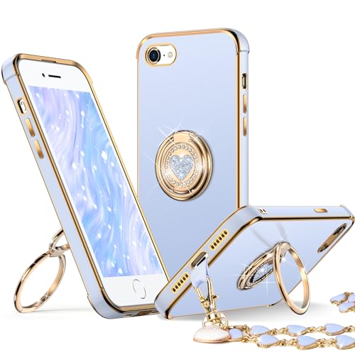 Coque iPhone SE 2022 et 7/8 de luxe bleue avec double anneau béquille pour femmes