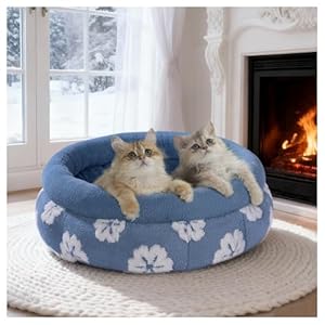 BALANCE Camas para gatos de interior, cama redonda lavable para gatos, bonita cama para gatitos de flores en 3D con parte inferior antideslizante para cachorros y gatitos, 20 pulgadas, color azul