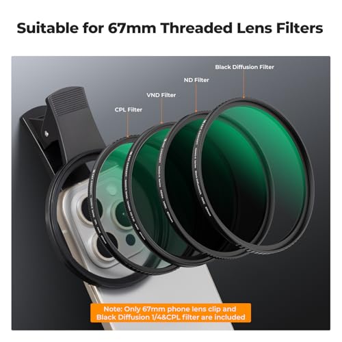 Image of K&F Concept 67mm Clip-on Black Diffusion 1 /4&CPL Phone Camera Lens Filter Kit, Mist Cinematic Effect Filter Compatible with iPhone 16 15 14 13 12 11, for Video /Vlog /Portrait Photography | Mist Cinematic Effect Filter Compatible with iPhone 16 15 14 13 12 11, for Video /Vlog /Portrait Photography, FP101