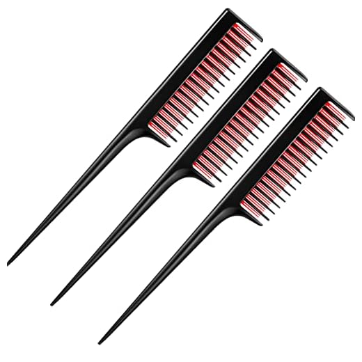 Leinuosen 3 Pcs 8 Inch Triple Teasing Comb Rat Tail Comb with Pick for Women Styling Parting Lightweight Sectioning Fine Tooth Backcombing Combs Add Volume(Black and Red)