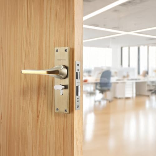 Image of Amazon Basics Heavy-Duty Door Lock Set | Mortise Door Lock Handlesets with 3 Brass Key for Home,Office,Hotel | Brass Lock Body & Cylinder | Golden