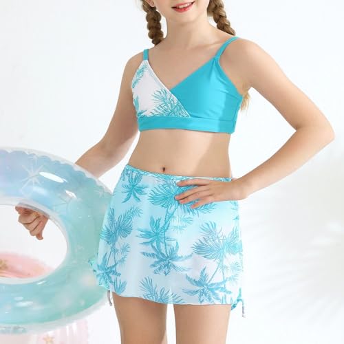 ESHOO Girls Swimsuit 3 Piece Bikini Set Tropical Print Cross V Neck Bathing Suits Girls' Swimwear with Cover Up Skirt 10-16T2