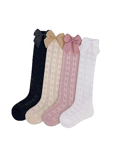 OYOANGLE Girl's 4 Pairs Cute Ruffle Knee High Socks Bow Front Over the Calf Socks Beige Pink 2-3Y