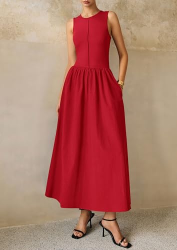 Image of PRETTYGARDEN Maxi Dresses for Women 2026 Summer Casual Sleeveless Patchwork Flowy Vacation Sundress Knit Long Work Tank Dress