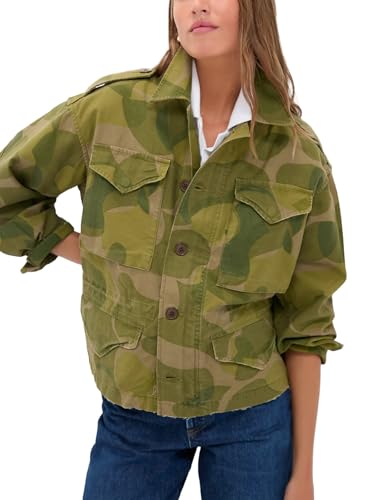 SCOFEEL Women's Camo Jacket Button Down Long Sleeve Coat Casual Military Raw Hem Shacket with Pockets