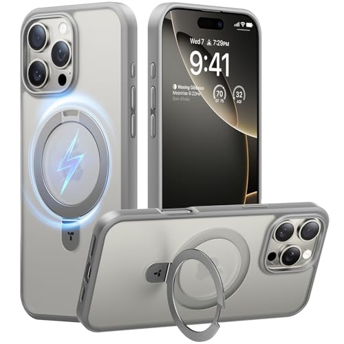 Image of TORRAS Ostand for iPhone 16 Pro Case Magnetic Stand, Natural Titanium 6.3 inch | [Fit for MagSafe][Flexible Stable Stand] 4X Military-Grade Shockproof, Slim Protective Cover, Translucent Natural Titanium