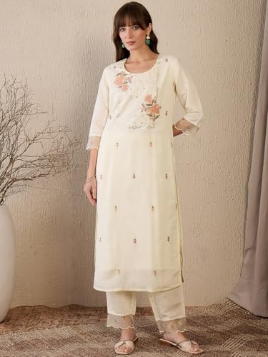 Image of INDO ERA Women Chanderi Silk Straight Floral Embroidered Kurta And Pant With Dupatta Set (IESTR9803)